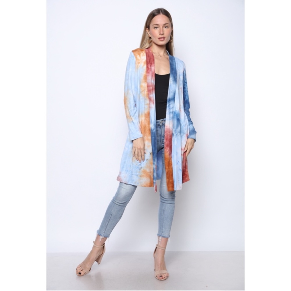 💥 Blue/Red Tie Dye Open Front Long Cardigan
